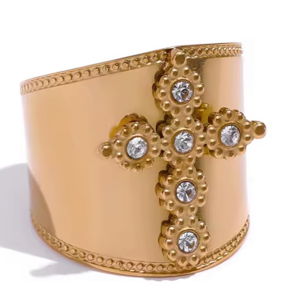 Gold Cross Accent Wide Ring - Statement Women's Jewelry